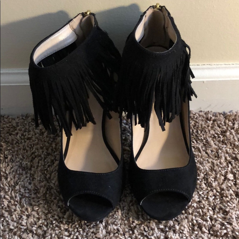 Black suede open toe heels